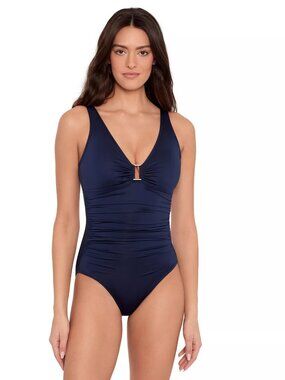 145$ Lauren Ralph Lauren One Piece Shirred Ring-Front Swimsuit Size 4 Blue